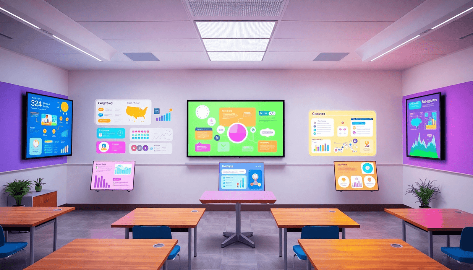 Colorful digital classroom with AI-generated infographics and animations on screens, showcasing modern EdTech integration in a minimalist style.