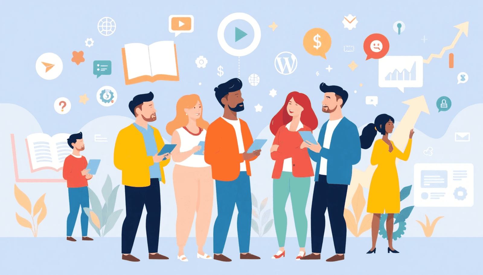 People collaborating in a vibrant digital marketplace with icons of books, videos, and network connections symbolizing online courses and growth.