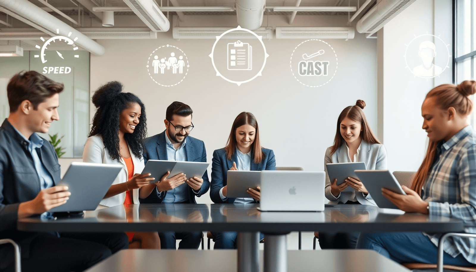 Professionals in a modern office using laptops and tablets, surrounded by icons of speed, cost savings, and skill development in a minimalist style.