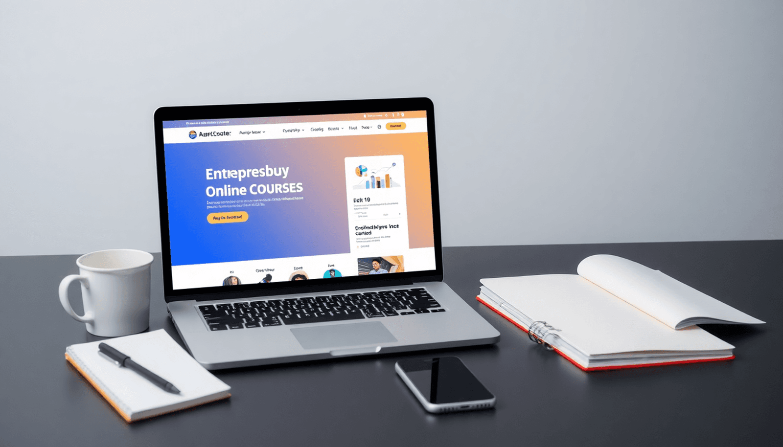 Minimalist digital workspace with laptop showing online course, surrounded by notebooks, coffee cup, and smartphone, symbolizing entrepreneurship and education.