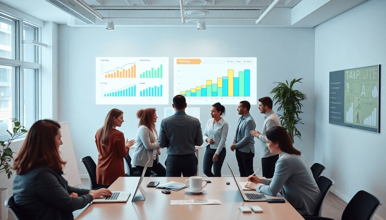 Professionals collaborating around a table with charts and devices showing training progress and business goals in a minimalist modern office.