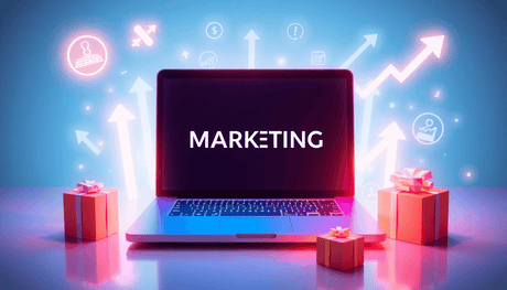 Laptop surrounded by glowing icons of courses, bonuses, growth arrows, and gift boxes on a bright, tech-inspired background.