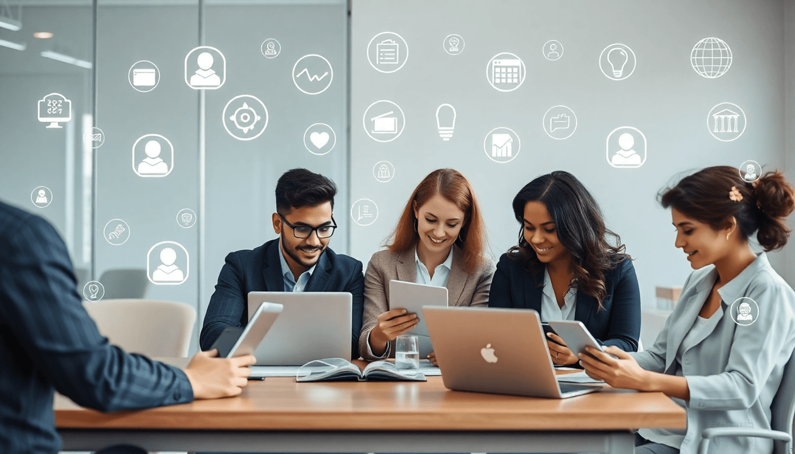 Modern office with professionals using laptops and tablets, surrounded by digital icons symbolizing online learning, growth, and personalized education paths.