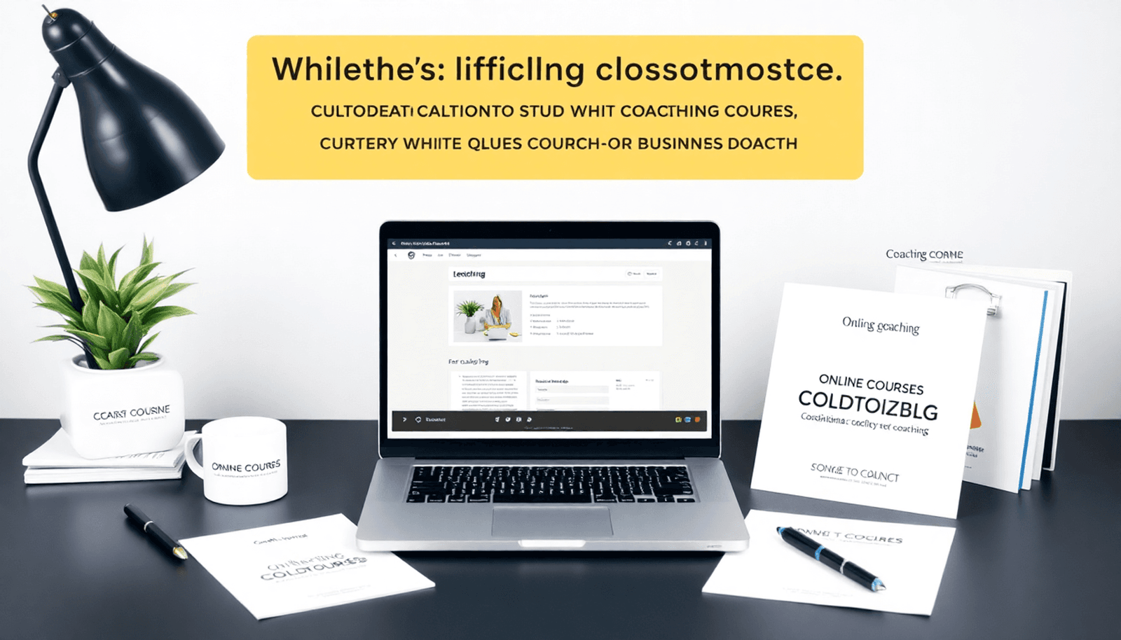 Modern workspace with laptop showing online course, surrounded by coaching materials and notes, highlighting customizable white label courses for business growt