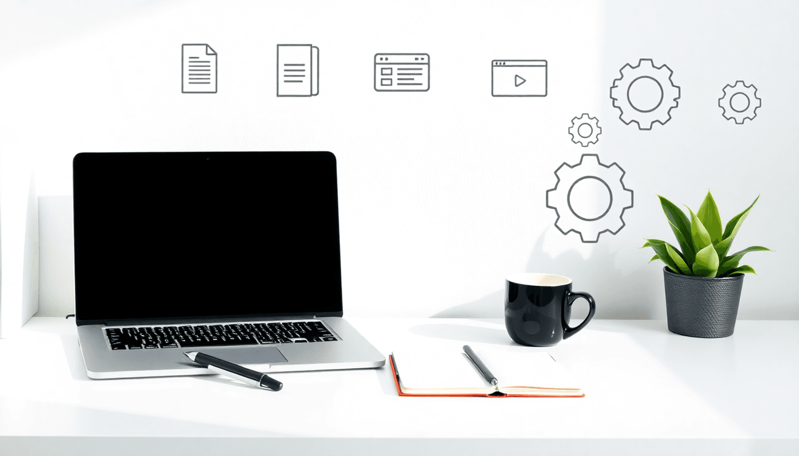 Minimalist workspace with laptop, notebook, coffee cup, and floating icons of documents, videos, and gears symbolizing digital content and automation.