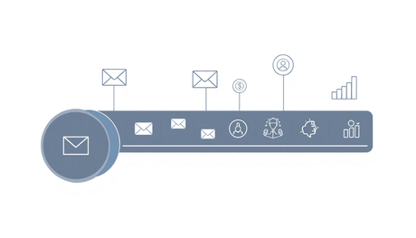 Streamlined sales funnel with email automation and AI icons, featuring online course and growth chart symbols on a clean, minimalist background.
