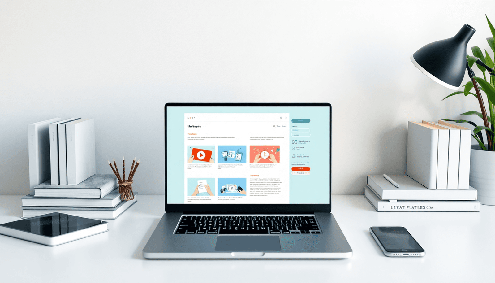 Minimalist workspace with a laptop showing an online learning platform, surrounded by books and digital devices, symbolizing building a focused micro-academy.