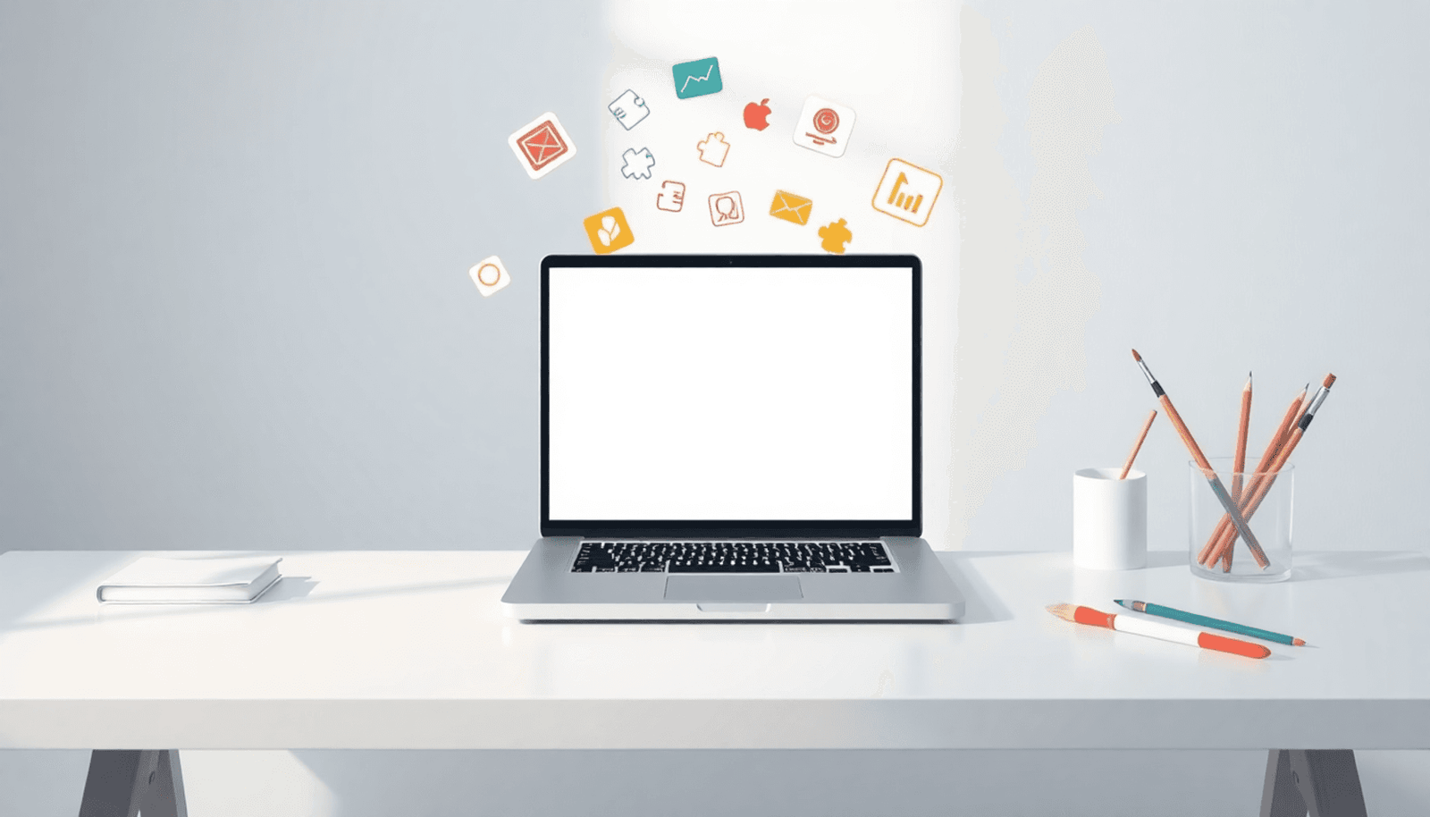 Bright modern workspace with laptop showing floating digital course icons, surrounded by customization symbols like puzzle pieces and paintbrushes on a clean ba