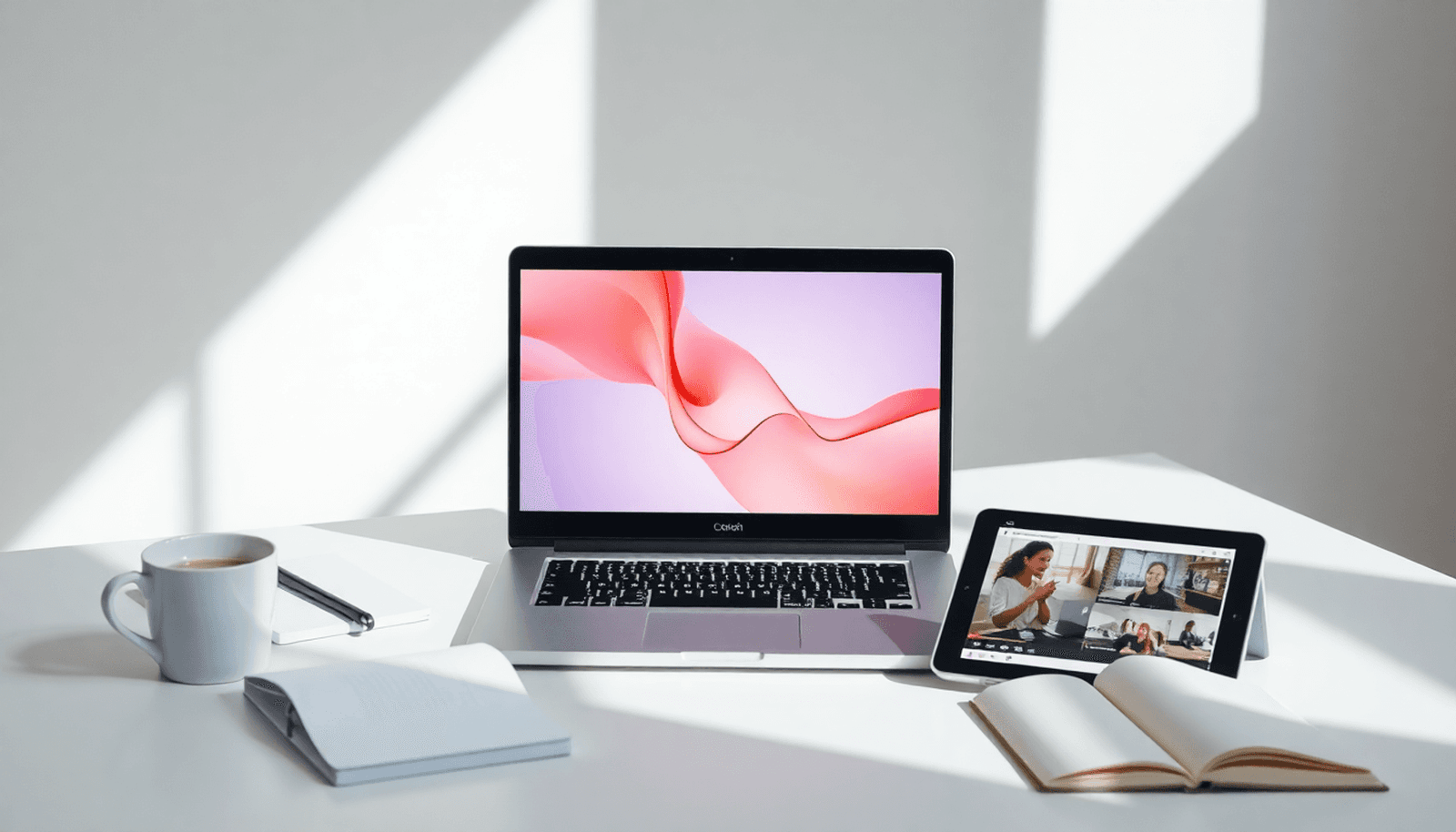 Bright modern workspace with laptop, notebooks, coffee cup, and tablet, bathed in soft natural light, highlighting creativity and productivity.