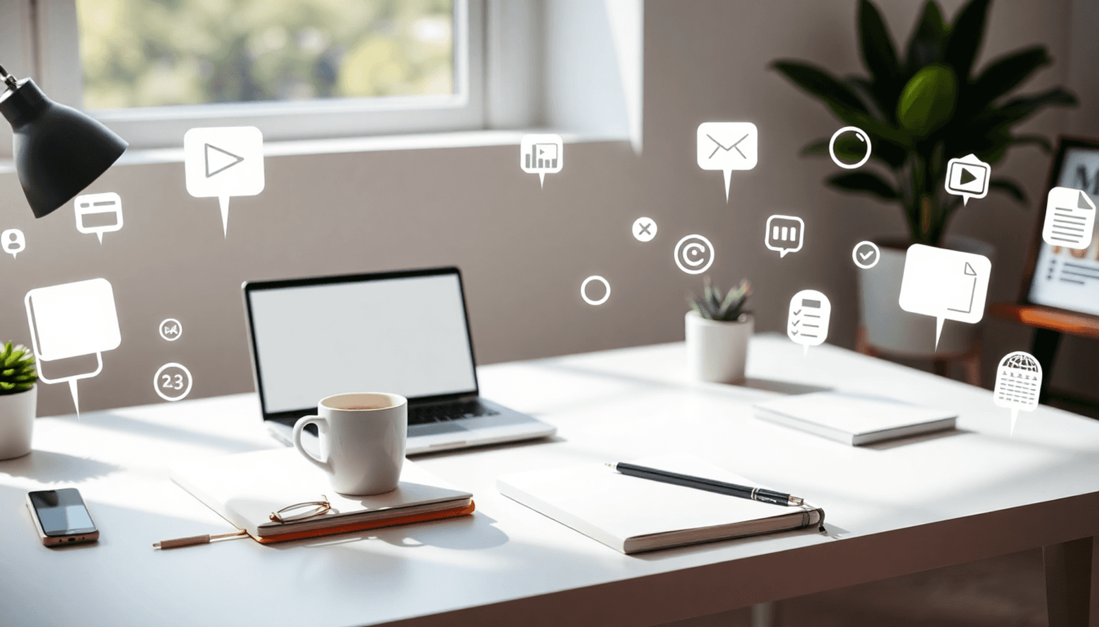 Modern workspace with laptop, notebooks, coffee, and digital content icons in soft natural light, conveying productivity and expert coaching.