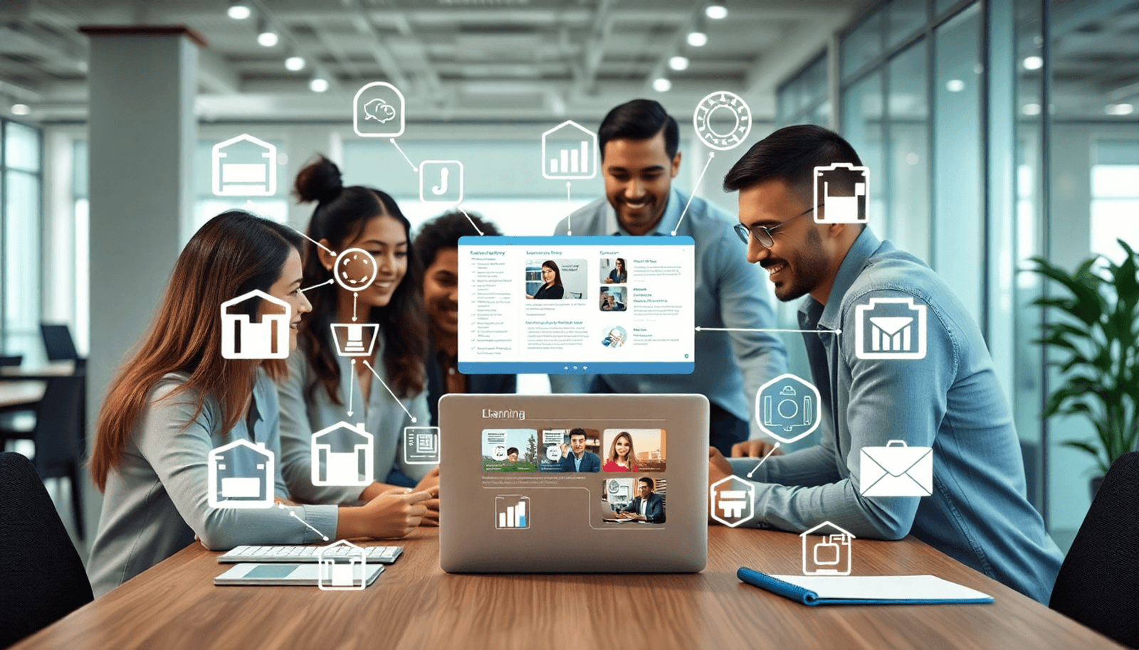 Business professionals collaborating around a laptop with e-learning content, surrounded by digital icons of online education tools in a minimalist office.