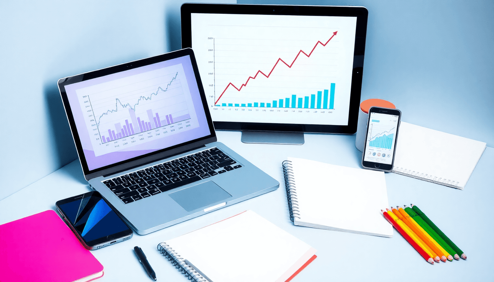 Minimalist workspace with laptop, tablet, smartphone showing digital graphs, surrounded by notebooks and colorful markers, symbolizing online business growth.