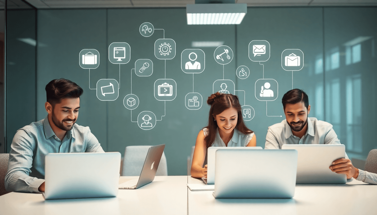 Modern corporate training room with employees using laptops and tablets, surrounded by digital icons of IT, leadership, and marketing skills in a minimalist sty