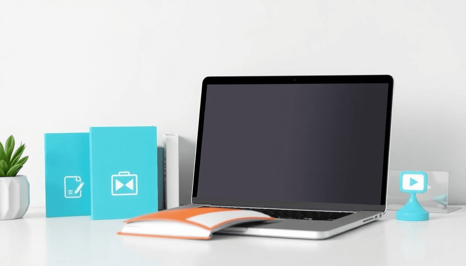 Laptop displaying eBooks and video icons with educational graphics, representing digital learning and customizable online academy content in a clean, profession