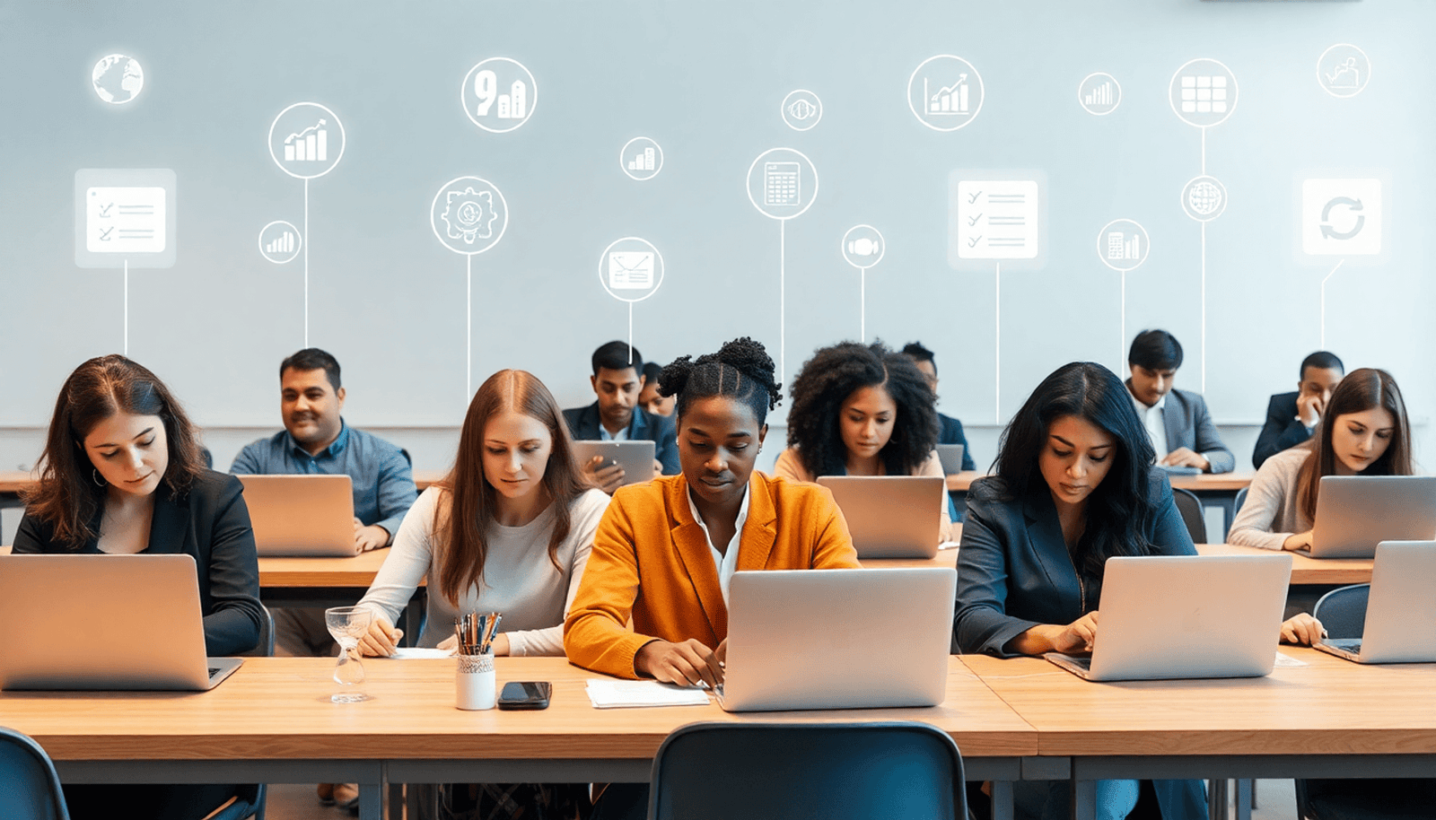 Professionals in a modern digital classroom using laptops and tablets with icons of courses, progress, and analytics around them in a minimalist style.