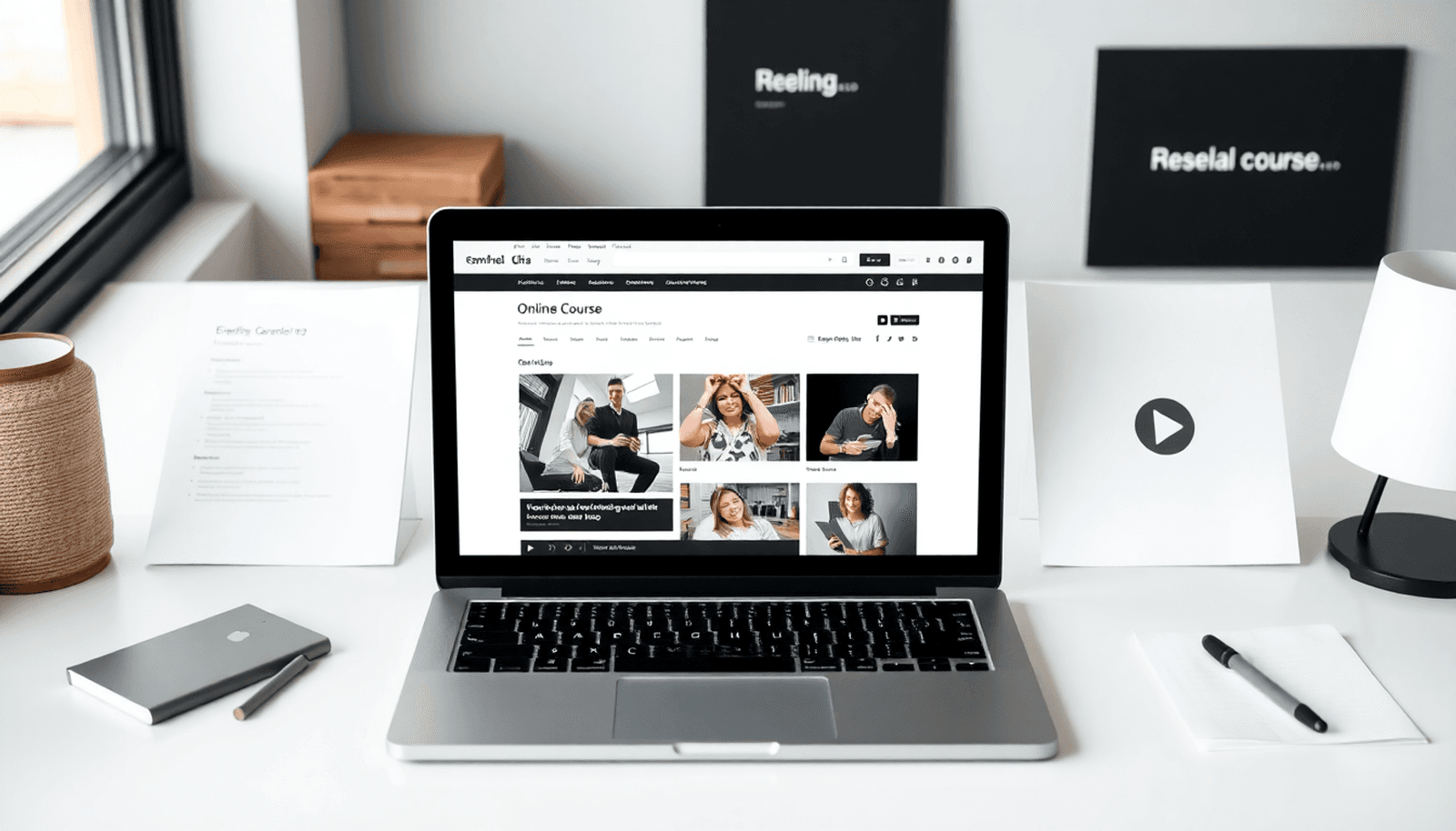 Modern workspace with laptop showing online course platform, surrounded by notes and branding materials in a minimalist style.