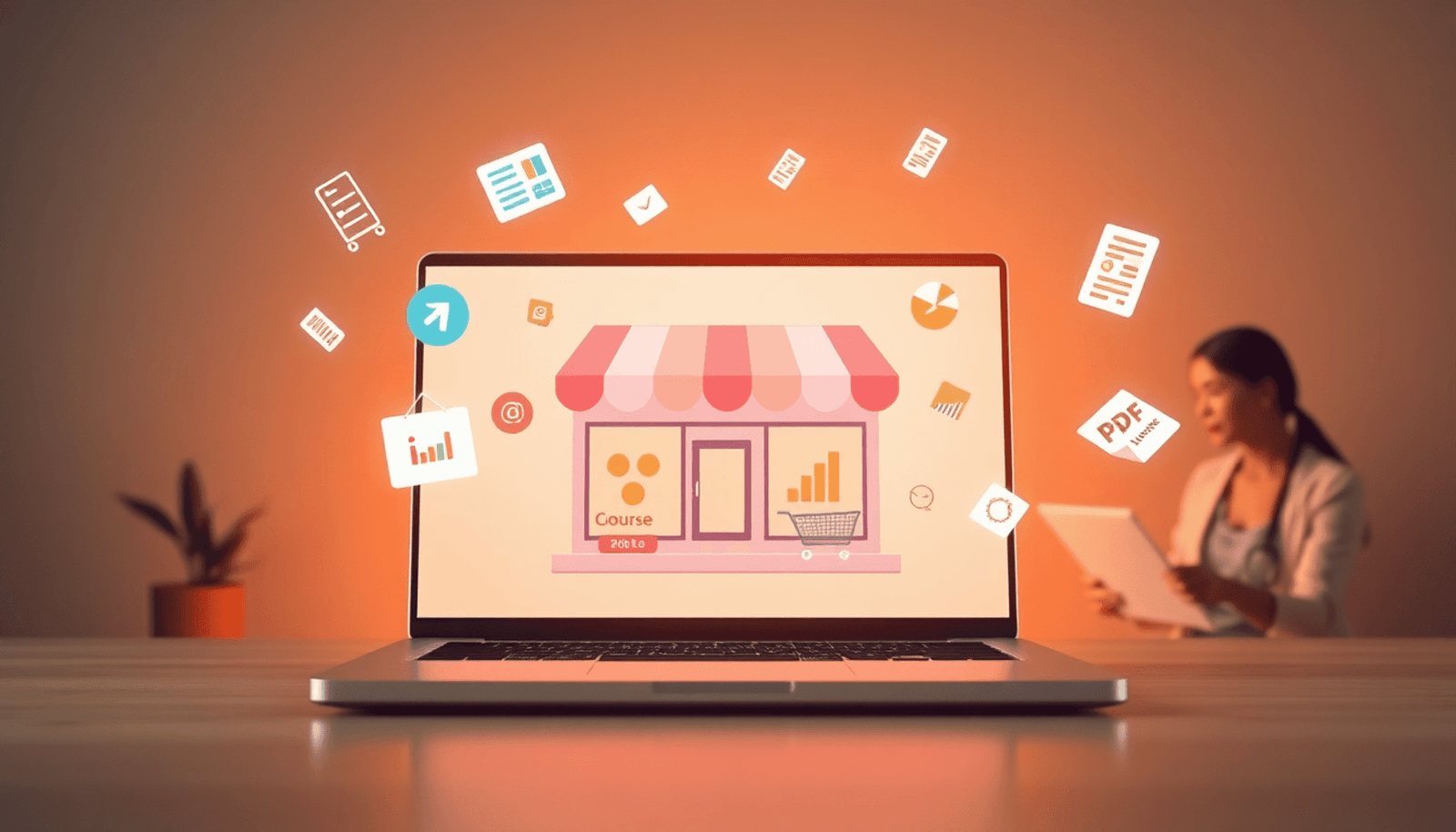 Laptop screen showing a vibrant online course marketplace with shopping cart, video icons, PDFs, and entrepreneurs collaborating in a warm, energetic setting.