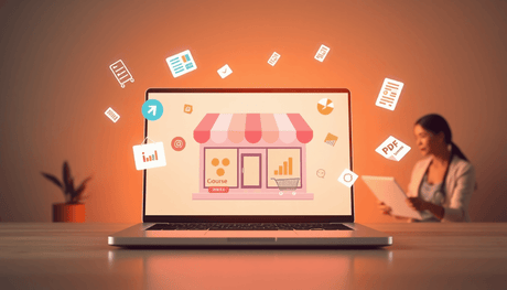 Laptop screen showing a vibrant online course marketplace with shopping cart, video icons, PDFs, and entrepreneurs collaborating in a warm, energetic setting.