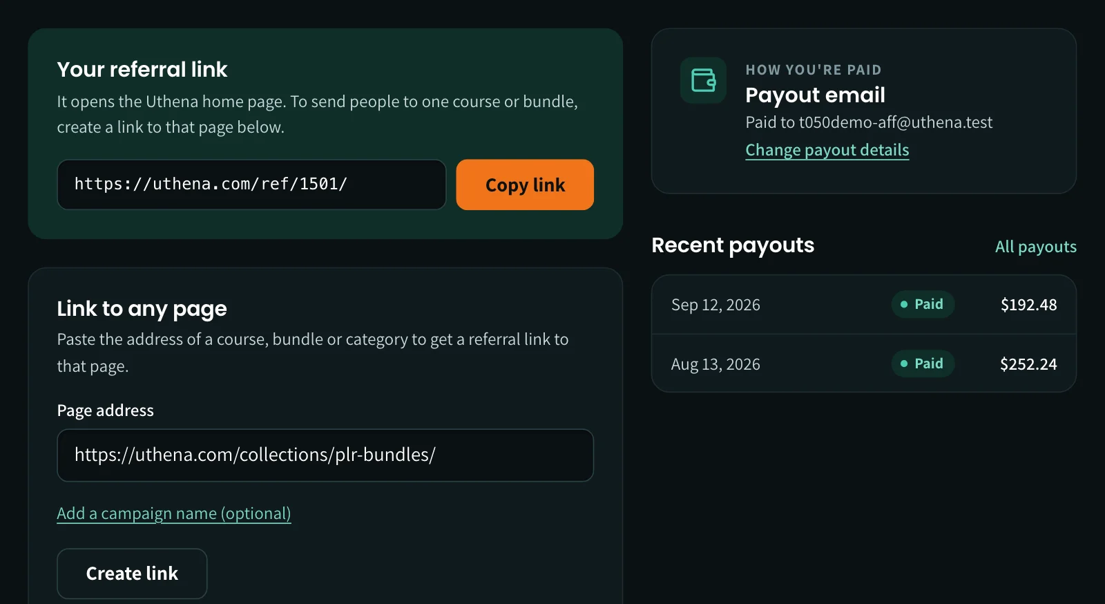 Your referral link with a copy button, and a generator that turns any Uthena page into a referral link.