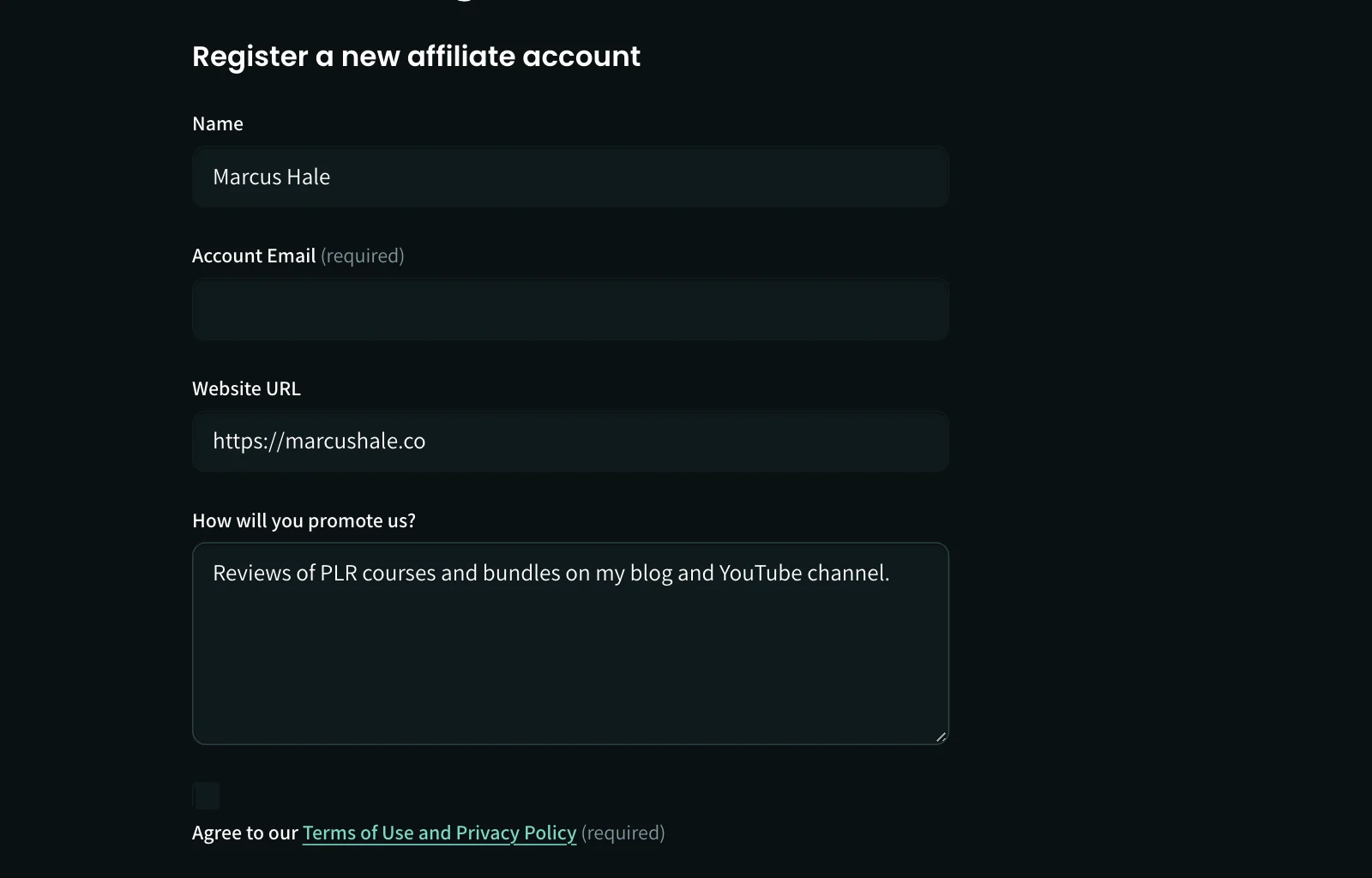 The affiliate registration form.