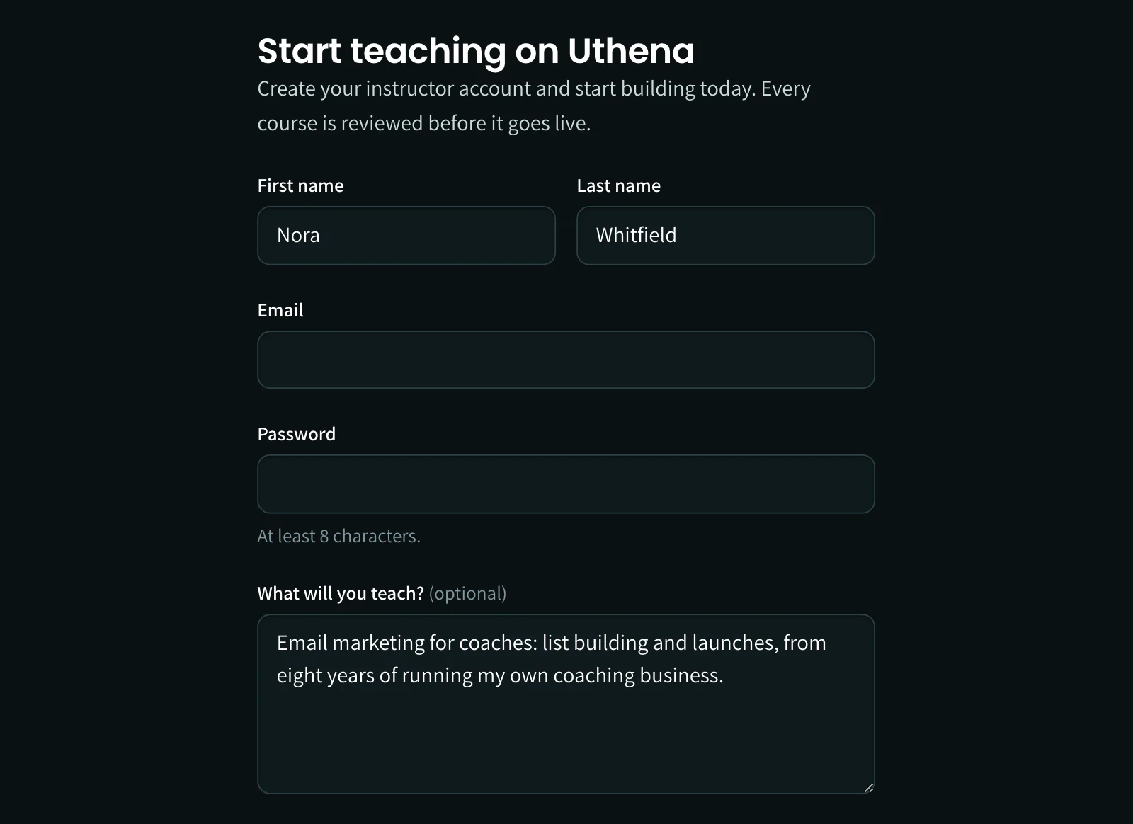 The instructor sign-up form: name, email, password and the Instructor Terms, with an optional note on what you will teach.