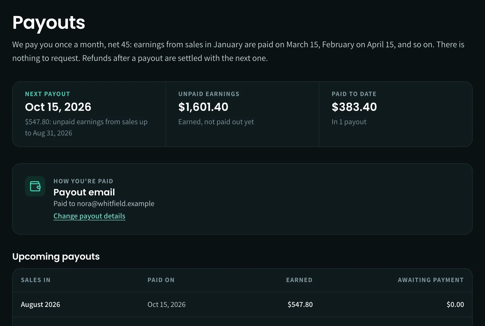 Payouts screen: the next payout date and amount, unpaid earnings, what is paid to date, upcoming payouts per month and the payout history.
