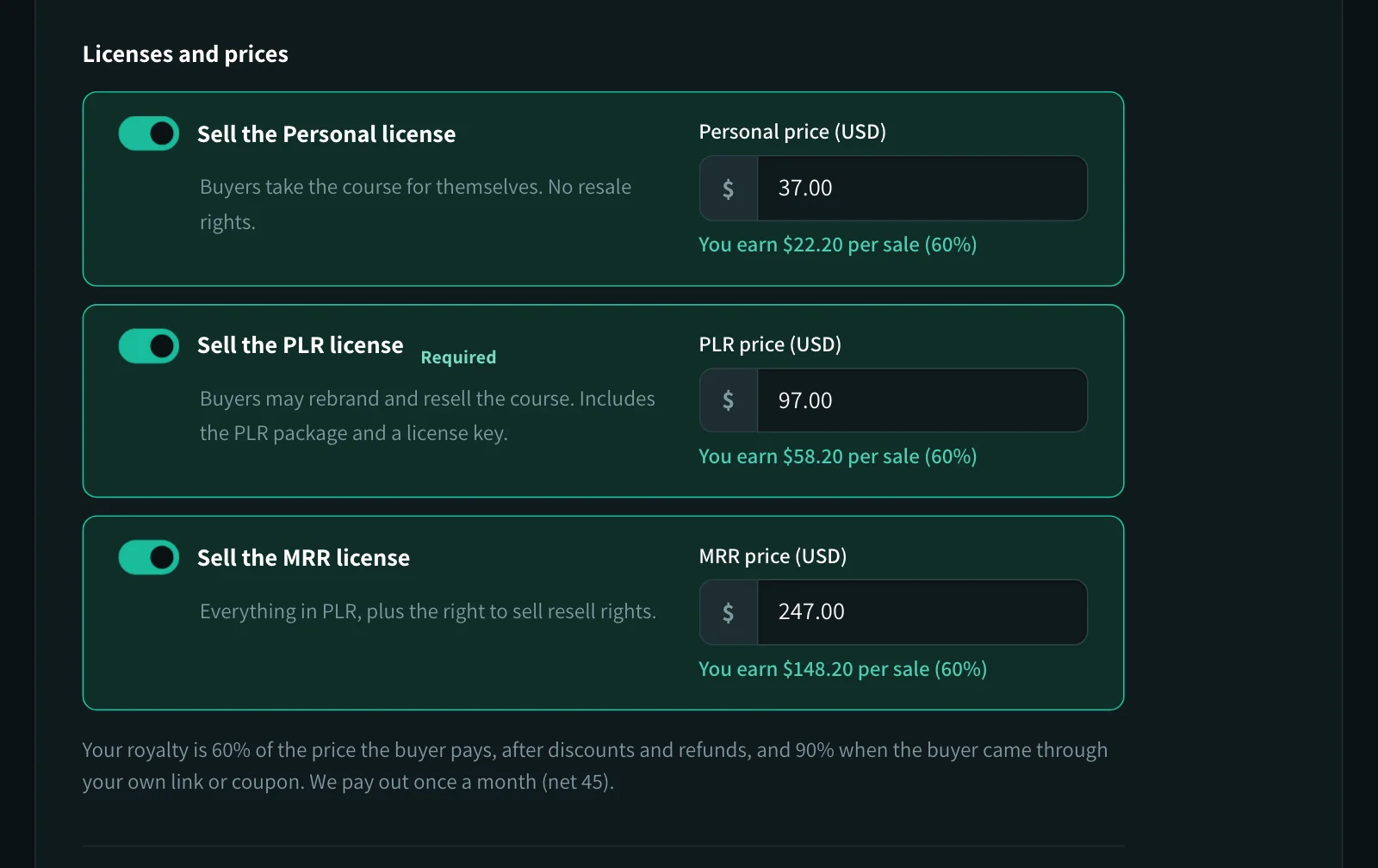 Course wizard, pricing step: Personal, PLR and MRR licenses, each with its price and the royalty you earn per sale.