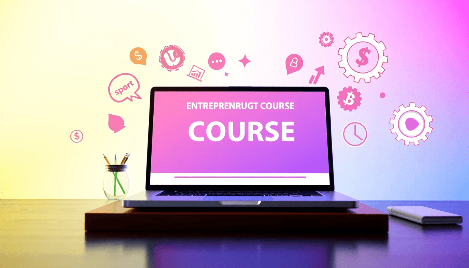 A laptop on a desk showing a video course interface, surrounded by symbols of entrepreneurship like dollar signs and gears, in a bright, minimalist workspace.