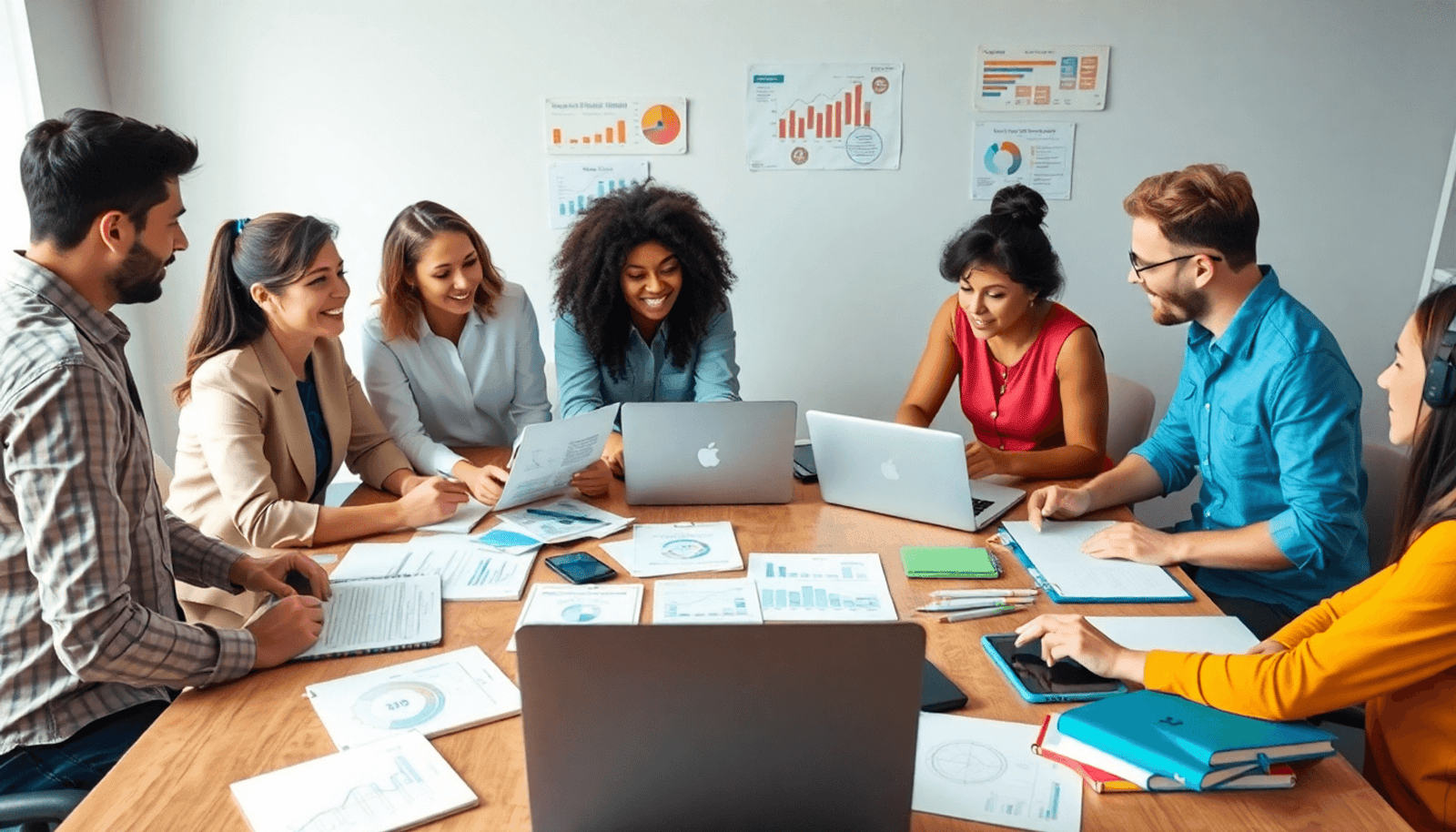 A diverse group of entrepreneurs collaborates around a table with digital devices, notebooks, and charts, emphasizing innovation and income diversification in o