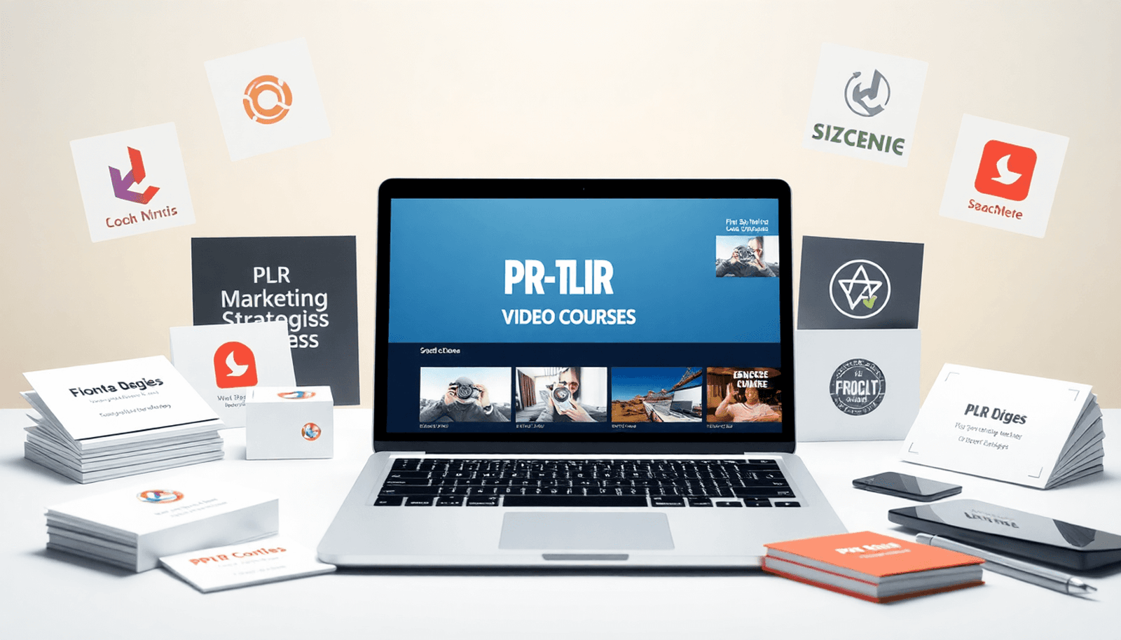 A laptop displaying PLR video course thumbnails, surrounded by branding materials like logos and business cards, set against a bright, inviting background.