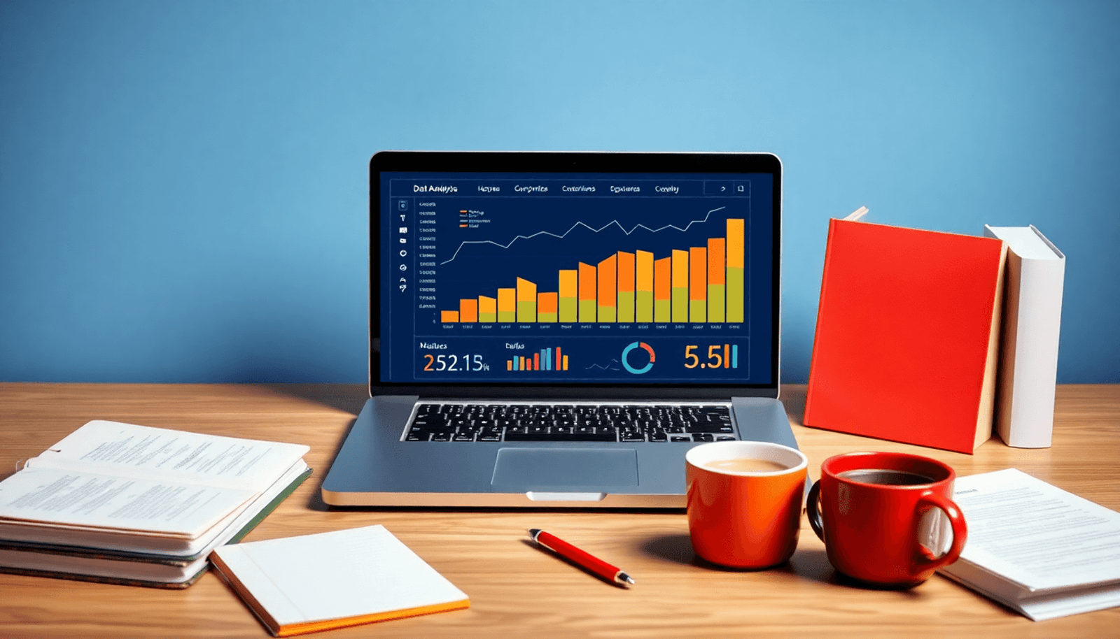 A laptop with data analytics graphs sits among books and notebooks, accompanied by a coffee cup and notepad, in a bright, cozy study environment.