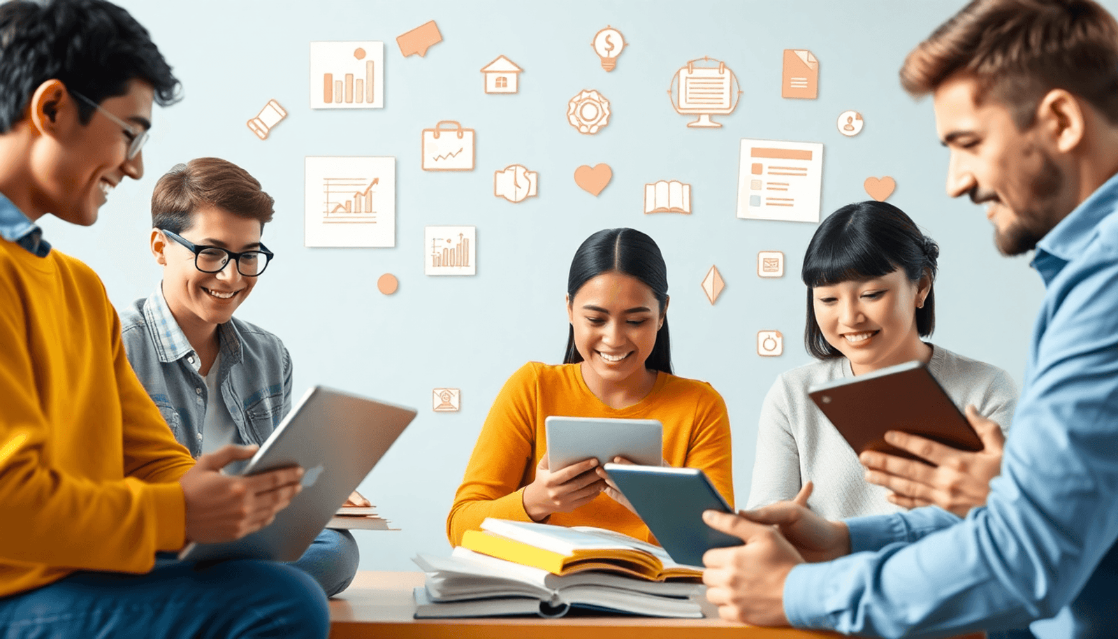 A diverse group of people engaged with laptops and tablets in a modern learning space, surrounded by books and charts, symbolizing online education growth.