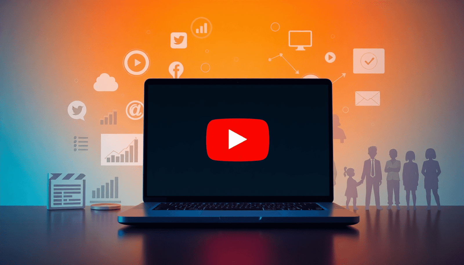A laptop displaying the YouTube logo, surrounded by marketing tools like charts and video editing icons, set against a bright background symbolizing digital mar