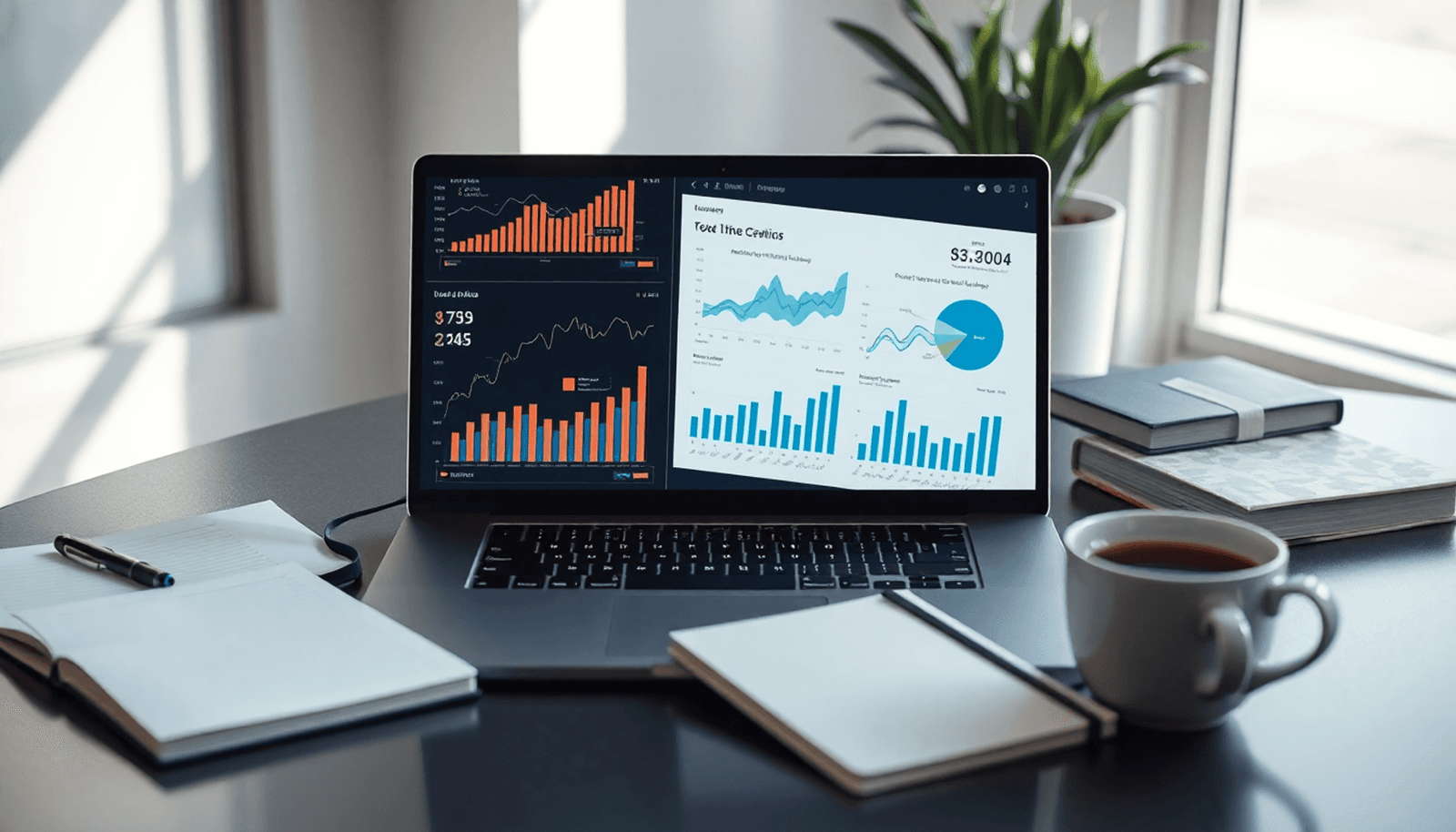 A modern workspace with a laptop displaying charts, surrounded by notebooks and a coffee cup, exuding productivity and innovation in a bright, minimalist settin
