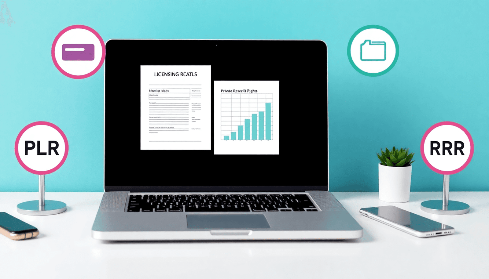 A minimalist digital workspace with a laptop showing licensing documents and charts, surrounded by icons for PLR, MRR, and RR, in bright, inviting colors.