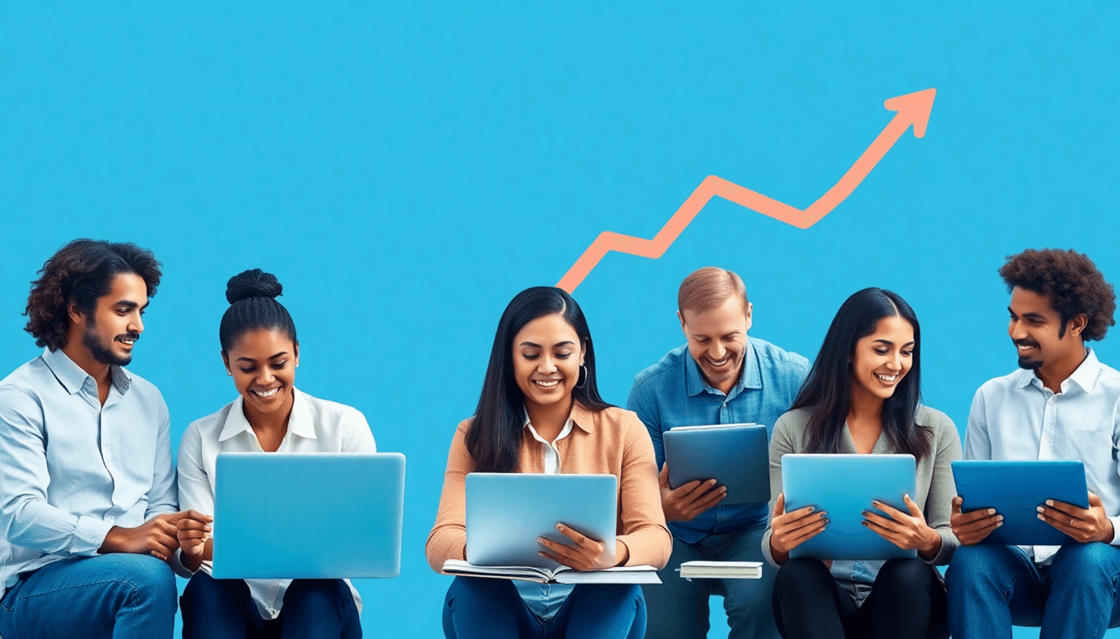 A diverse group of entrepreneurs engaged in online learning with laptops and notebooks, surrounded by symbols of growth like upward arrows and graphs in a minim