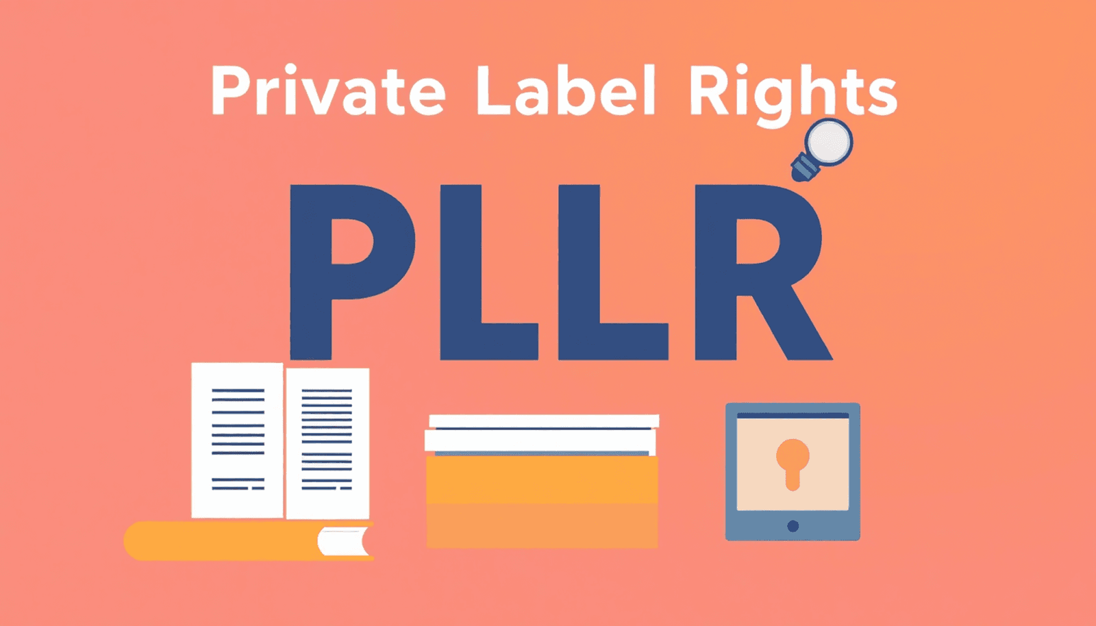 An illustration of e-books, articles, and online courses in a minimalist style with warm colors, symbolizing Private Label Rights content and ethical marketing.