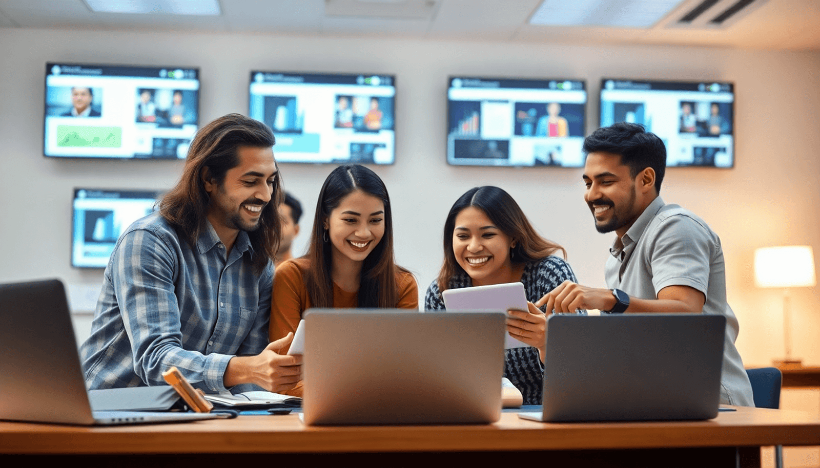 A diverse group of people collaborating in a modern classroom, surrounded by digital screens, laptops, and charts, showcasing innovation in education.