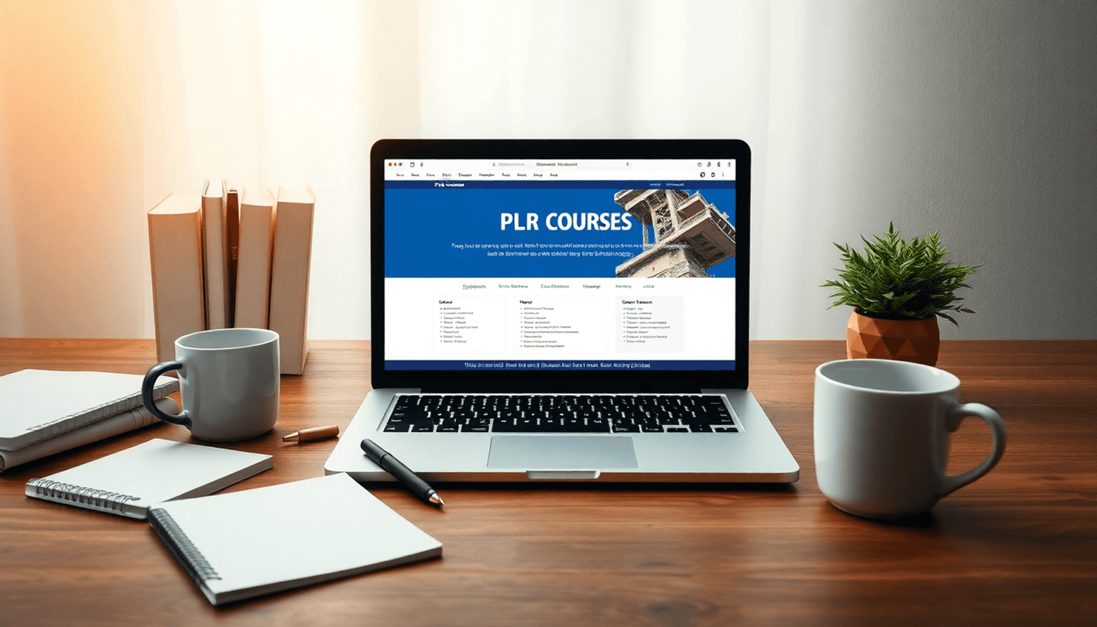 A laptop showing a PLR course interface, surrounded by notepads and coffee cups in a warm, minimalist workspace, symbolizing entrepreneurship and digital learni