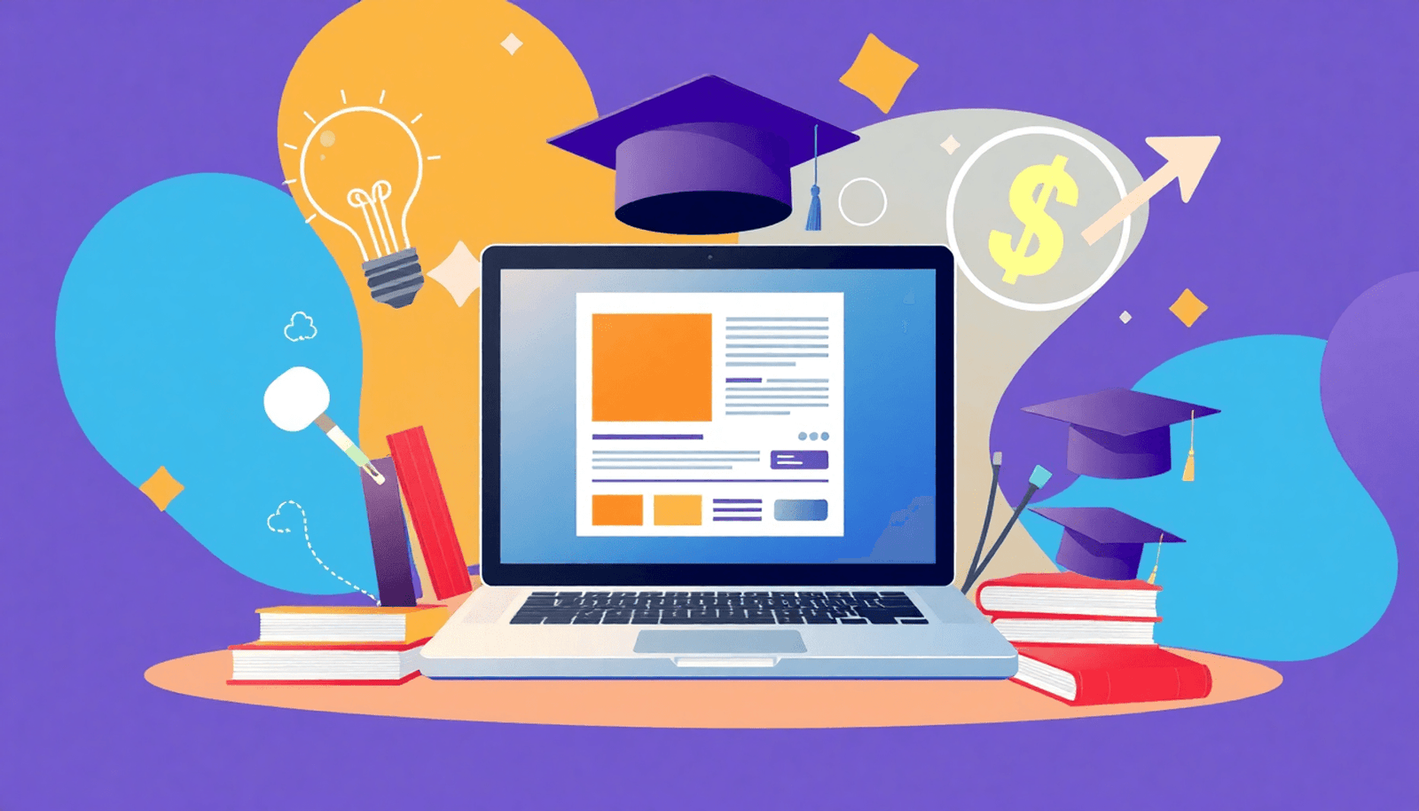 A vibrant image of a laptop showing an online course interface, surrounded by books, a light bulb, a graduation cap, and symbols of growth like a dollar sign an