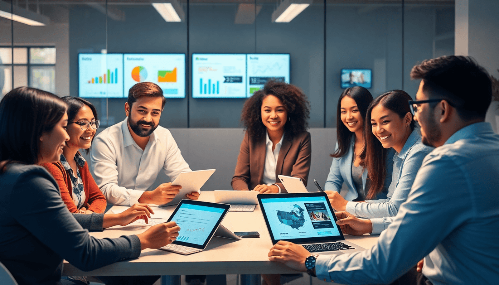 A dynamic group of entrepreneurs collaborating around a table with digital devices, showcasing charts and video courses, embodying innovation in personalized ed