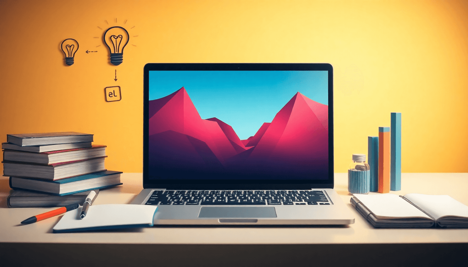 A laptop displaying educational content, surrounded by a notepad, pen, books, a lightbulb, and growth graphs, set against a bright, inviting background.