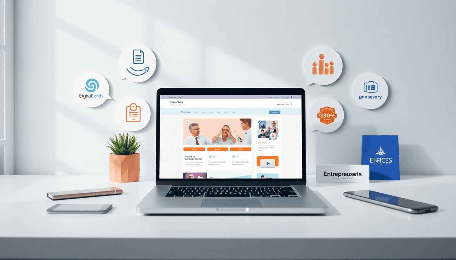 A laptop displaying an online course platform, surrounded by branding materials in a modern, minimalist workspace, symbolizing entrepreneurship and digital educ
