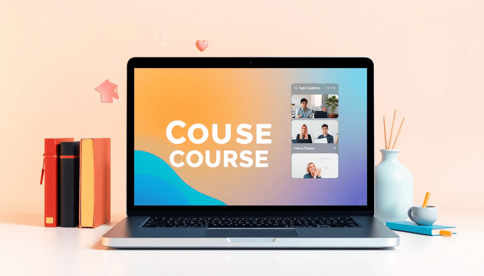 A laptop showing an online course interface, surrounded by books, a graduation cap, and a branding template, set against a soft, colorful background.