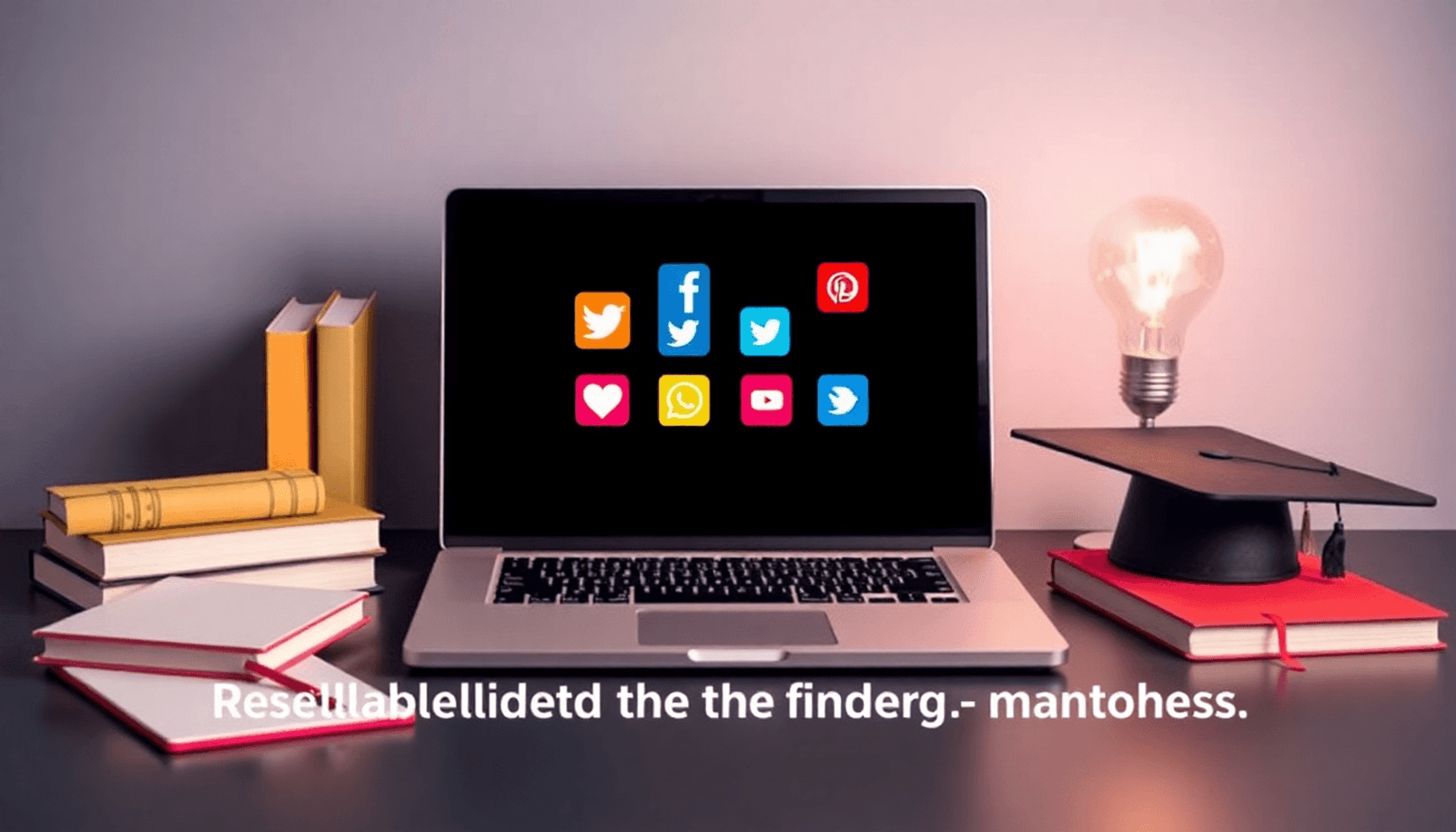 A laptop displaying social media icons on its screen, surrounded by books and notebooks, with a light bulb and graduation cap symbolizing online learning in a m
