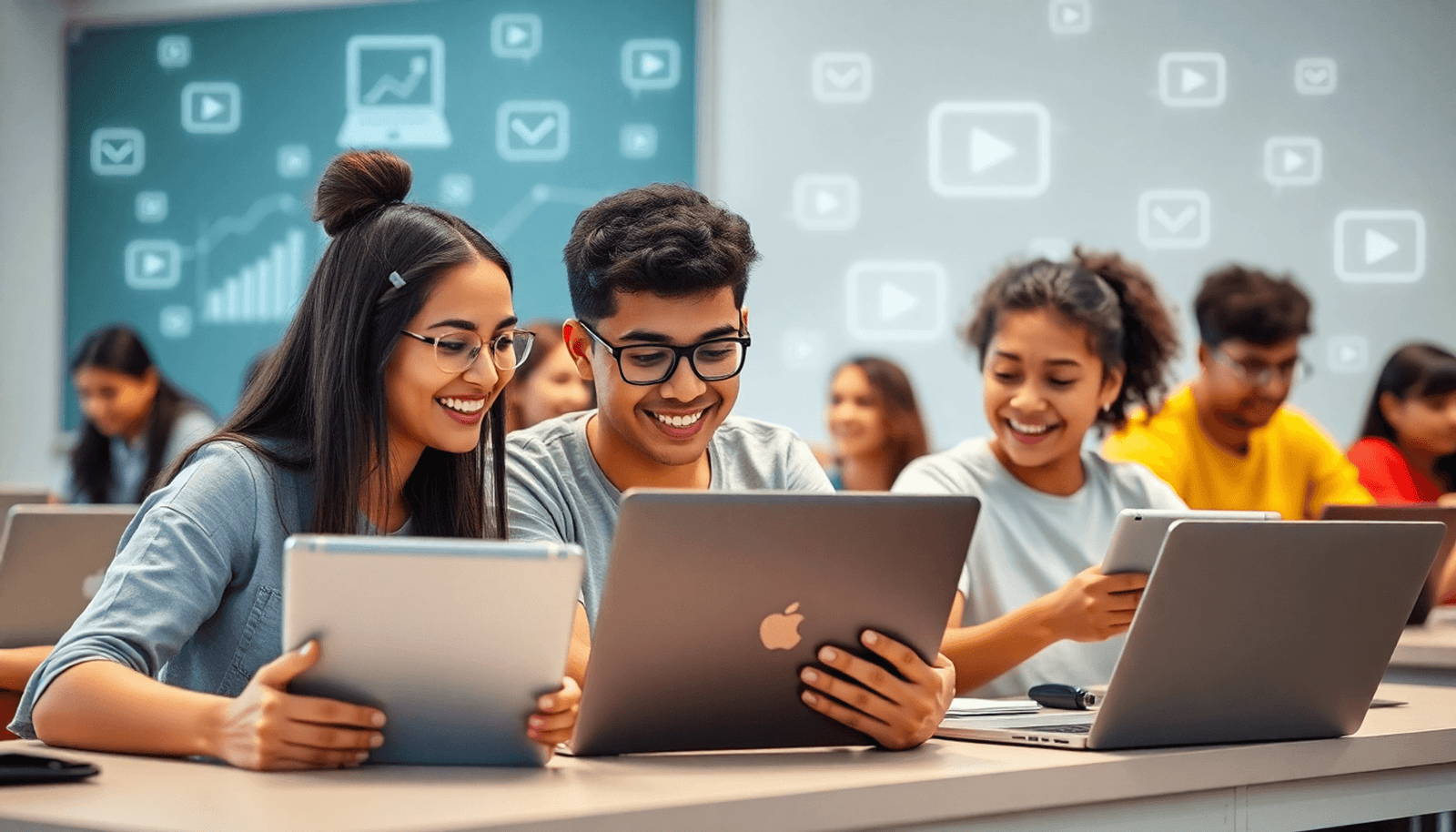 A diverse group of students collaboratively using laptops and tablets in a bright, modern classroom, surrounded by digital icons representing online learning.