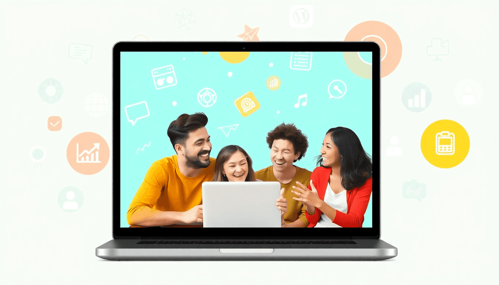 A laptop surrounded by a diverse group of people excitedly discussing online courses, with icons of various subjects in the background, all in a minimalist styl