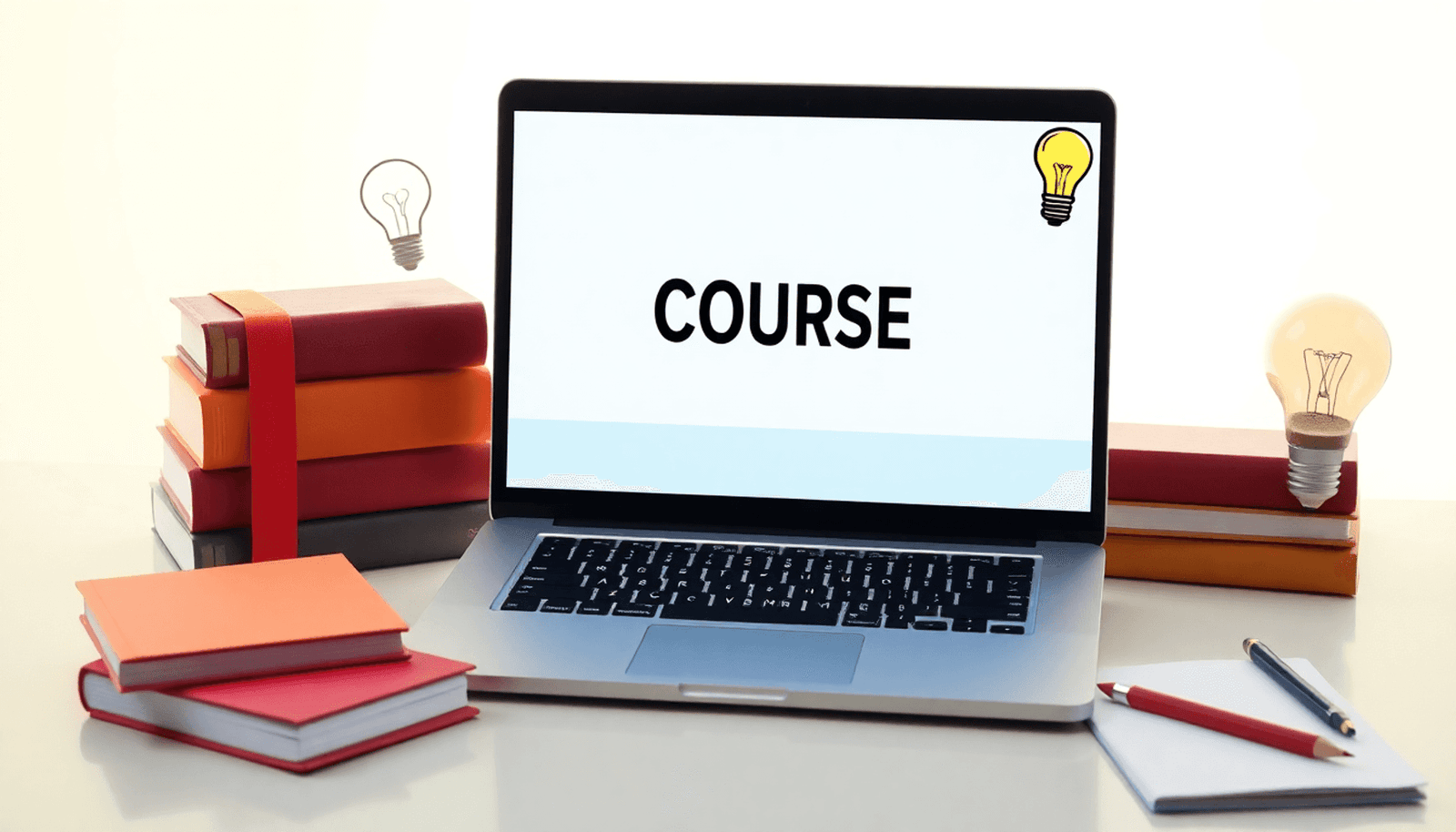A laptop on a desk displays a course creation platform, surrounded by books, a lightbulb, and a notepad with a pencil, all in a bright and inviting minimalist s