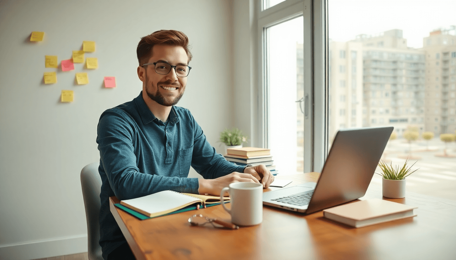 A person sitting at a desk with notebooks and a laptop, surrounded by sticky notes and a cup of coffee, brainstorming ideas in a bright, minimalist workspace.