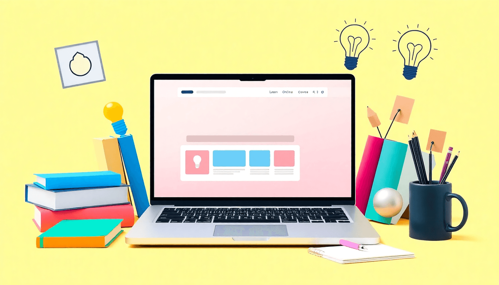 A minimalist image of a laptop displaying an online course, surrounded by books, a light bulb, and a notepad, all set against a bright, inviting background.